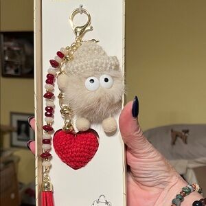 NIB Eye Candy Cute Fluffy Little Guy Keychain with Knit Red Heart Charm and Hat